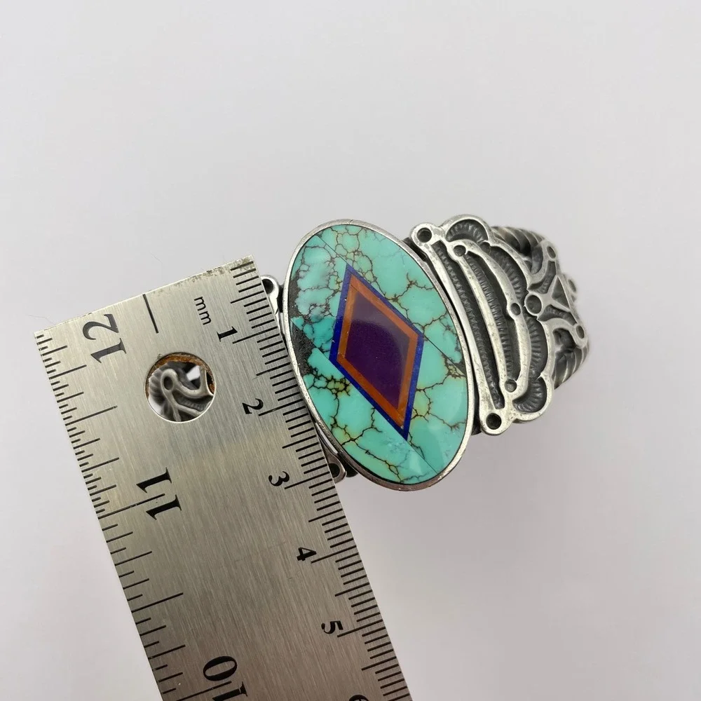 Vintage Navajo Ray Tracey & Knifewing Segura Sterling Silver Inlay Cuff Bracelet - Picture 13 of 16